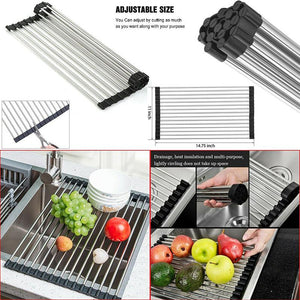 Disk drying rolling rack - Kitchen Dish Drying Rack Over Sink Roll-up Dry Drainers Stainless Steel Foldable